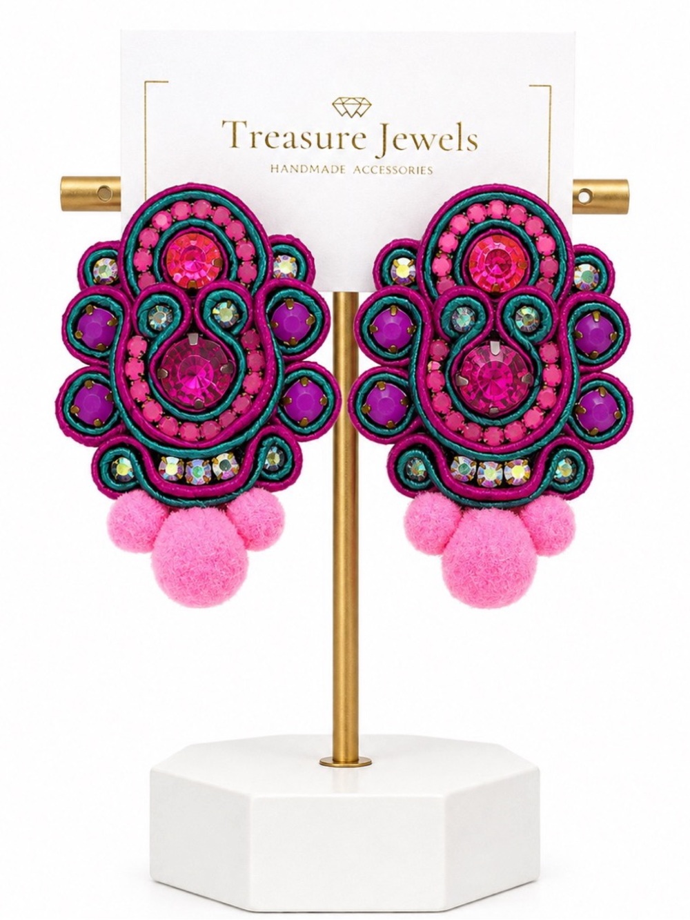Treasure Jewels Soutache Pink & Purple Beautiful Rhinestone Earrings